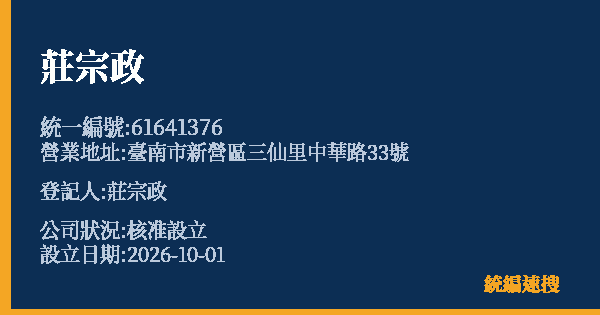 莊宗政的照片-統編 61641376(臺南市) 公司登記資料與營業項目詳細圖表