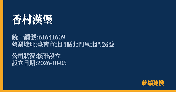 香村漢堡的照片-統編 61641609(臺南市) 公司登記資料與營業項目詳細圖表
