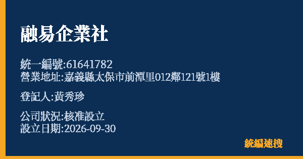融易企業社的照片-統編 61641782(嘉義縣) 公司登記資料與營業項目詳細圖表