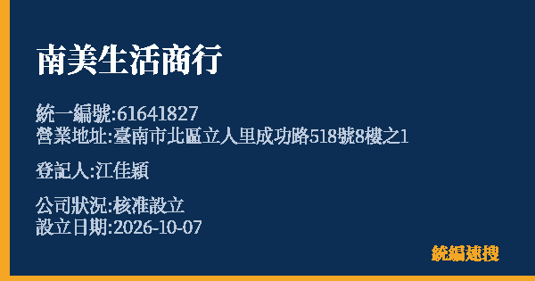 南美生活商行的照片-統編 61641827(臺南市) 公司登記資料與營業項目詳細圖表