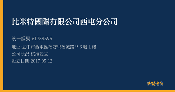 比米特國際有限公司西屯分公司的照片-統編 61759595(臺中市) 公司登記資料與營業項目詳細圖表