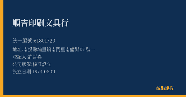 順吉印刷文具行的照片-統編 61801720(南投縣) 公司登記資料與營業項目詳細圖表