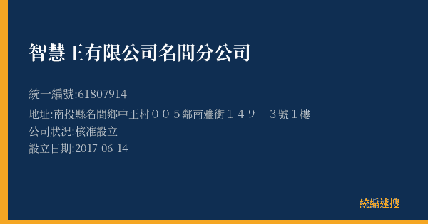 智慧王有限公司名間分公司的照片-統編 61807914(南投縣) 公司登記資料與營業項目詳細圖表