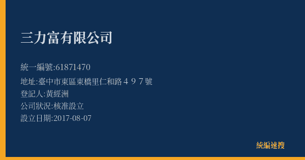 三力富有限公司的照片-統編 61871470(臺中市) 公司登記資料與營業項目詳細圖表