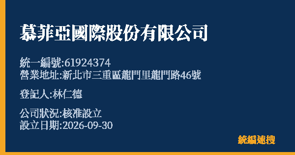 慕菲亞國際股份有限公司的照片-統編 61924374(新北市) 公司登記資料與營業項目詳細圖表