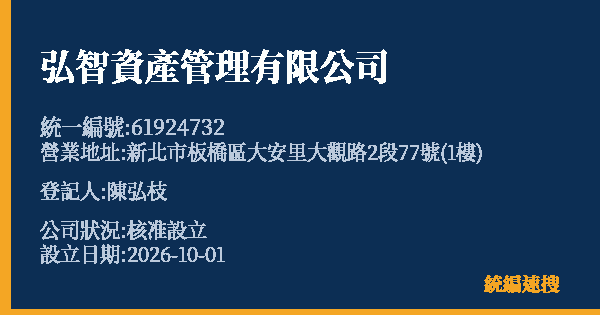 弘智資產管理有限公司的照片-統編 61924732(新北市) 公司登記資料與營業項目詳細圖表