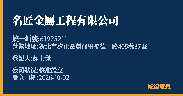 名匠金屬工程有限公司的照片-統編 61925211(新北市) 公司登記資料與營業項目詳細圖表