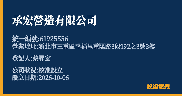 承宏營造有限公司的照片-統編 61925556(新北市) 公司登記資料與營業項目詳細圖表