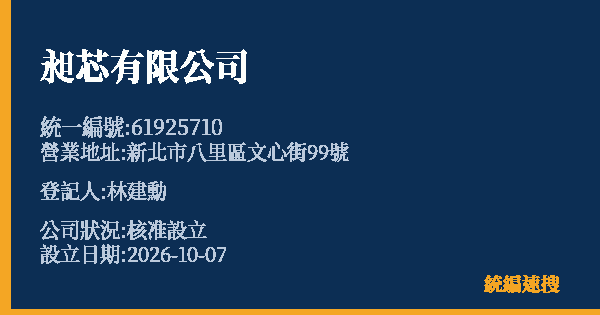 昶芯有限公司的照片-統編 61925710(新北市) 公司登記資料與營業項目詳細圖表