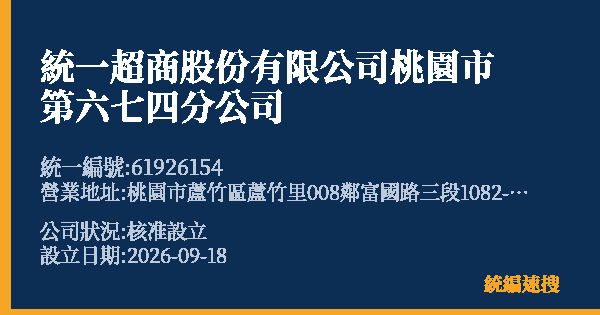 統一超商股份有限公司桃園市第六七四分公司的照片-統編 61926154(桃園市) 公司登記資料與營業項目詳細圖表