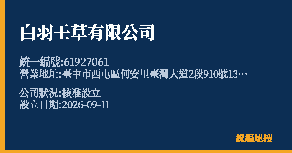 白羽壬草有限公司的照片-統編 61927061(臺中市) 公司登記資料與營業項目詳細圖表