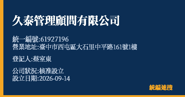 久泰管理顧問有限公司的照片-統編 61927196(臺中市) 公司登記資料與營業項目詳細圖表