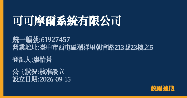 可可摩爾系統有限公司的照片-統編 61927457(臺中市) 公司登記資料與營業項目詳細圖表
