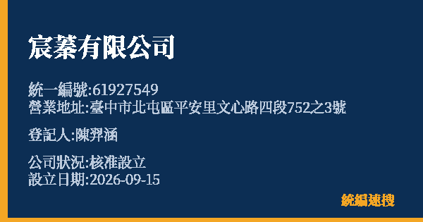 宸蓁有限公司的照片-統編 61927549(臺中市) 公司登記資料與營業項目詳細圖表