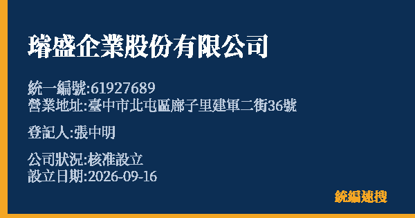 璿盛企業股份有限公司的照片-統編 61927689(臺中市) 公司登記資料與營業項目詳細圖表