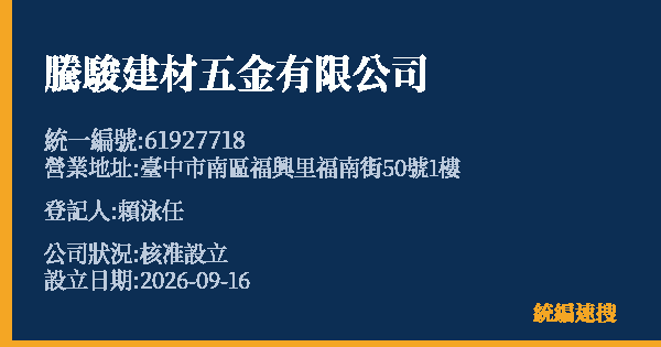 騰駿建材五金有限公司的照片-統編 61927718(臺中市) 公司登記資料與營業項目詳細圖表
