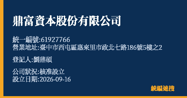 鼎富資本股份有限公司的照片-統編 61927766(臺中市) 公司登記資料與營業項目詳細圖表