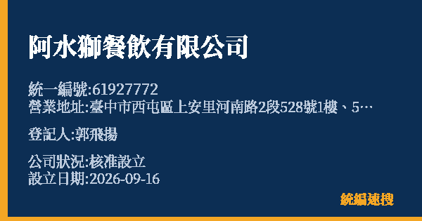 阿水獅餐飲有限公司的照片-統編 61927772(臺中市) 公司登記資料與營業項目詳細圖表
