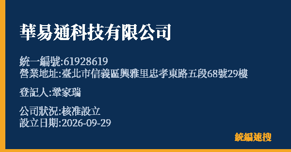 華易通科技有限公司的照片-統編 61928619(臺北市) 公司登記資料與營業項目詳細圖表