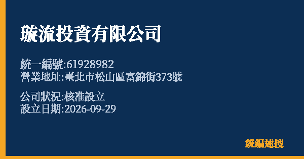 璇流投資有限公司的照片-統編 61928982(臺北市) 公司登記資料與營業項目詳細圖表