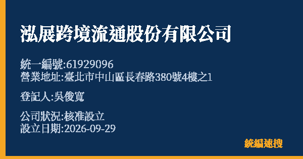 泓展跨境流通股份有限公司的照片-統編 61929096(臺北市) 公司登記資料與營業項目詳細圖表