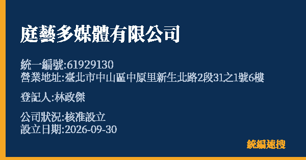 庭藝多媒體有限公司的照片-統編 61929130(臺北市) 公司登記資料與營業項目詳細圖表