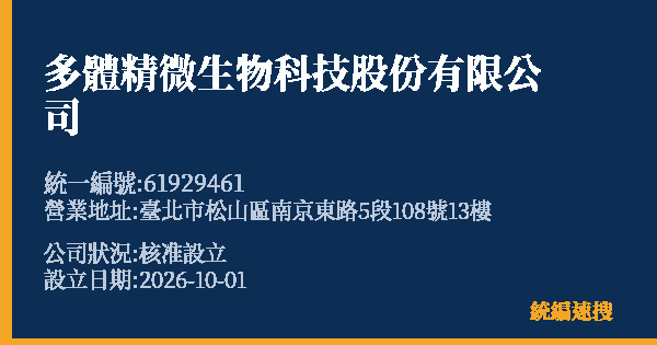 多體精微生物科技股份有限公司的照片-統編 61929461(臺北市) 公司登記資料與營業項目詳細圖表
