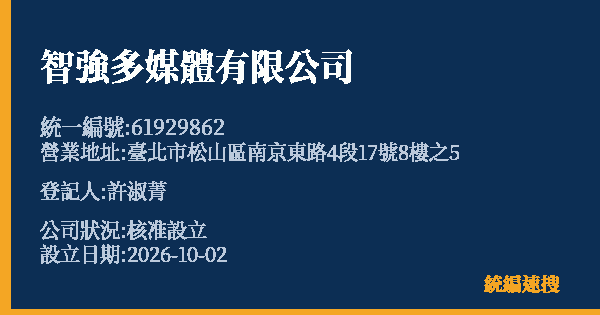 智強多媒體有限公司的照片-統編 61929862(臺北市) 公司登記資料與營業項目詳細圖表