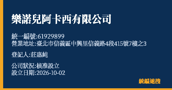 樂諾兒阿卡西有限公司的照片-統編 61929899(臺北市) 公司登記資料與營業項目詳細圖表