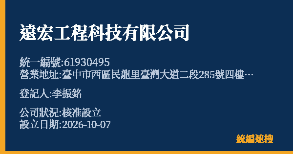 遠宏工程科技有限公司的照片-統編 61930495(臺中市) 公司登記資料與營業項目詳細圖表