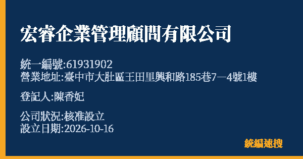 宏睿企業管理顧問有限公司的照片-統編 61931902(臺中市) 公司登記資料與營業項目詳細圖表