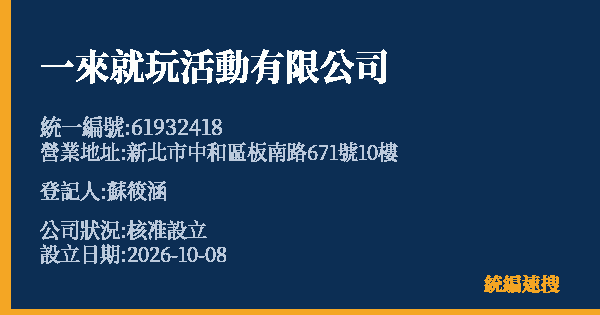 一來就玩活動有限公司的照片-統編 61932418(新北市) 公司登記資料與營業項目詳細圖表