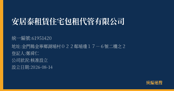 安居泰租賃住宅包租代管有限公司的照片-統編 61951420(金門縣) 公司登記資料與營業項目詳細圖表