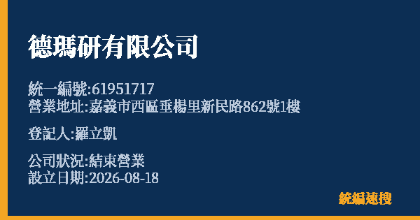 德瑪研有限公司的照片-統編 61951717 公司登記資料與營業項目詳細圖表