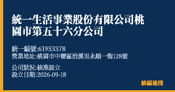 統一生活事業股份有限公司桃園市第五十六分公司的照片-統編 61953378(桃園市) 公司登記資料與營業項目詳細圖表