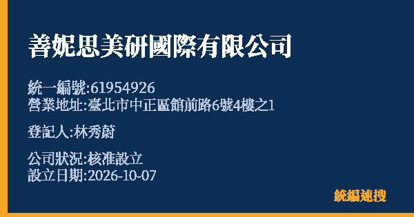 善妮思美研國際有限公司的照片-統編 61954926(臺北市) 公司登記資料與營業項目詳細圖表