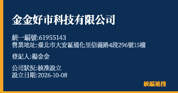 金金好市科技有限公司的照片-統編 61955143(臺北市) 公司登記資料與營業項目詳細圖表