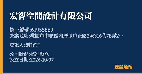 宏智空間設計有限公司的照片-統編 61955869(桃園市) 公司登記資料與營業項目詳細圖表