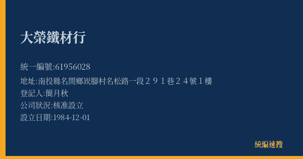 大榮鐵材行的照片-統編 61956028(南投縣) 公司登記資料與營業項目詳細圖表