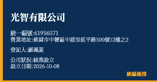 光智有限公司的照片-統編 61956071(桃園市) 公司登記資料與營業項目詳細圖表