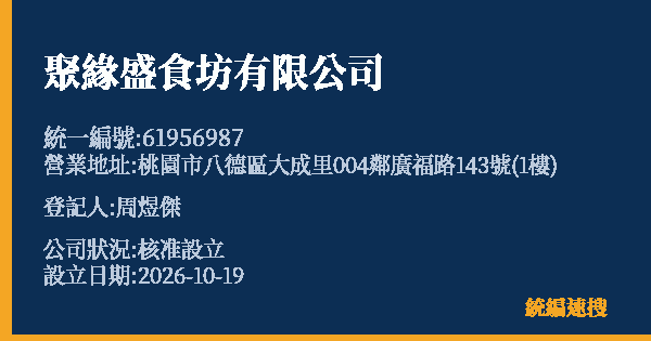聚緣盛食坊有限公司的照片-統編 61956987(桃園市) 公司登記資料與營業項目詳細圖表