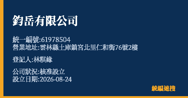 鈞岳有限公司的照片-統編 61978504(雲林縣) 公司登記資料與營業項目詳細圖表