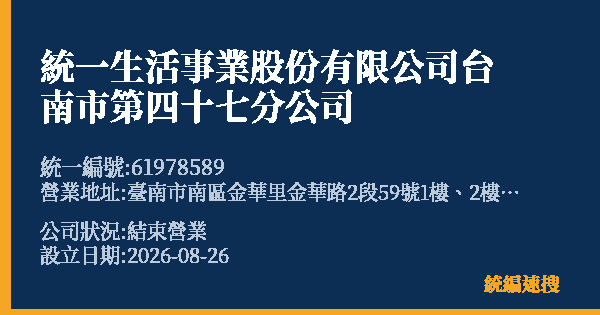 統一生活事業股份有限公司台南市第四十七分公司的照片-統編 61978589 公司登記資料與營業項目詳細圖表