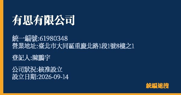 有思有限公司的照片-統編 61980348(臺北市) 公司登記資料與營業項目詳細圖表
