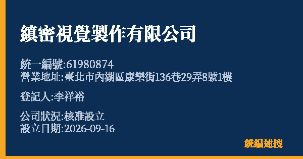 縝密視覺製作有限公司的照片-統編 61980874(臺北市) 公司登記資料與營業項目詳細圖表