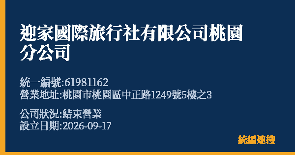 迎家國際旅行社有限公司桃園分公司的照片-統編 61981162(桃園市) 公司登記資料與營業項目詳細圖表
