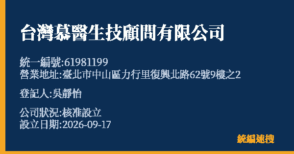 台灣慕醫生技顧問有限公司的照片-統編 61981199(臺北市) 公司登記資料與營業項目詳細圖表
