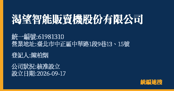 渴望智能販賣機股份有限公司的照片-統編 61981310(臺北市) 公司登記資料與營業項目詳細圖表