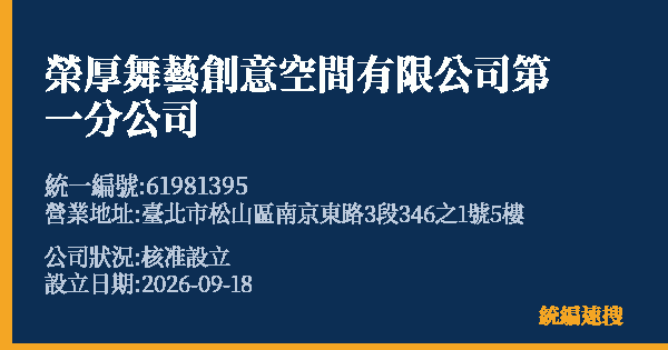 榮厚舞藝創意空間有限公司第一分公司的照片-統編 61981395(臺北市) 公司登記資料與營業項目詳細圖表