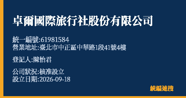 卓爾國際旅行社股份有限公司的照片-統編 61981584(臺北市) 公司登記資料與營業項目詳細圖表